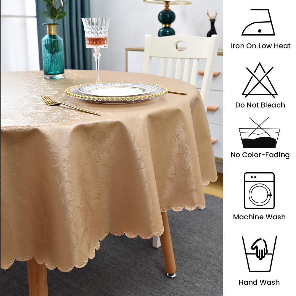 Waterproof Vinyl Tablecloth Round, 60" x 60", Flower Champagne