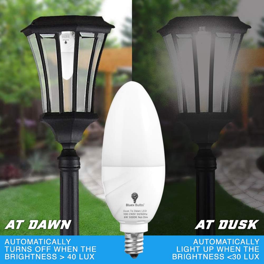 6 Pack BlueX Dusk to Dawn LED Bulbs, 6W E12 Base Light Bulb - 65W Equivalent - 5000K Daylight White - Smart Light