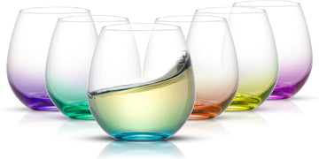 Hue Stemless Wine Glass Set, Large 15 oz Stemless Wine Glasses Set of 6 for White Red or Water, Short Glass Tumblers
