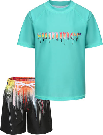 Boys Rash Guard Swimsuits Set for Boys Short Sleeve Swim Shirts with Trunks 2 Piece Quick Dry Swim Set