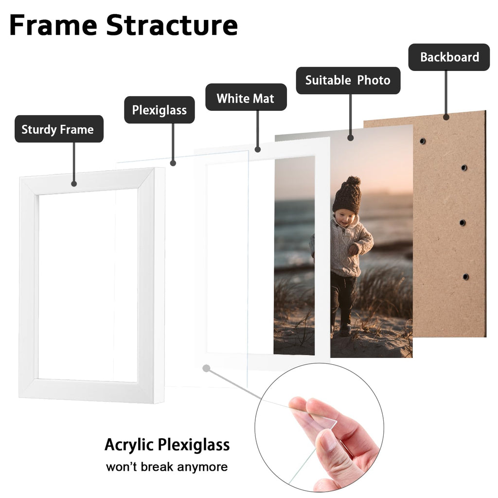 5x7 Picture Frame White Set of 4, Wooden Frames Matted 4x6 for Desk