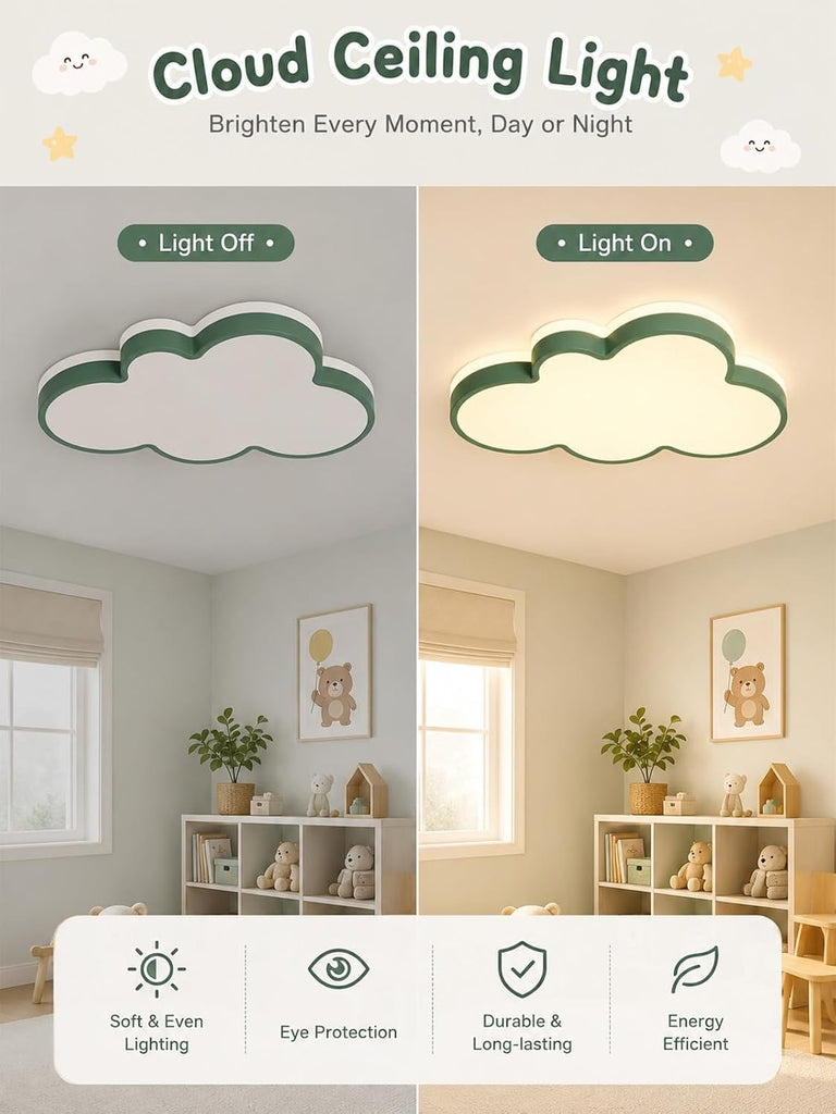 Cloud Ceiling Light for Kids Room, 19 Inch Green Cloud LED Flush Mount Ceiling Light with Remote, 3 Color Changeable