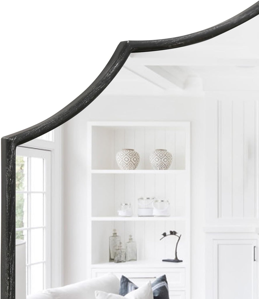 Black Scalloped Wall Mirror: 40"x29" Large Modern Wooden Arched Dresser Mirror - Minimalist Fireplace Mirrors