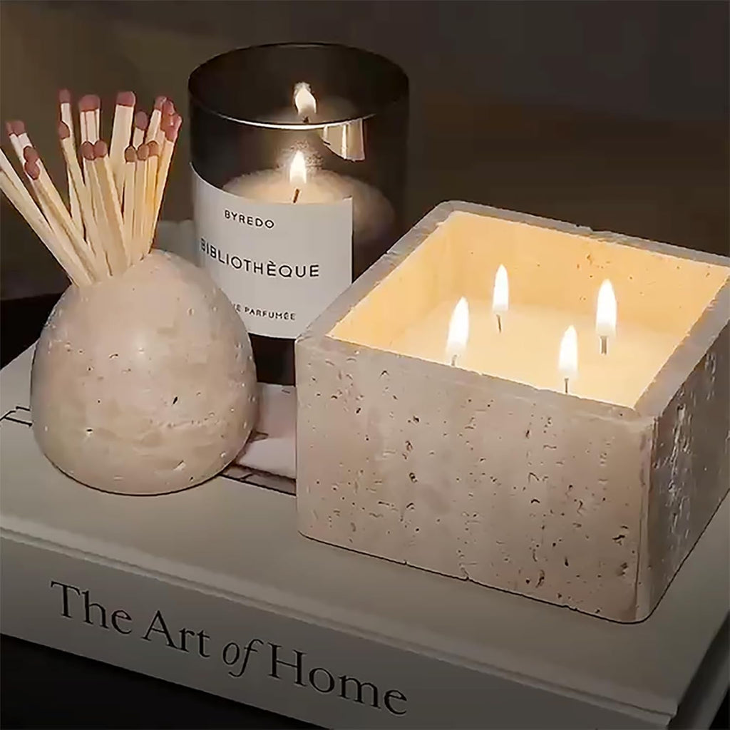 100% Travertine Match Holder |Toothpick Holder | Cute Beige Match Cloche | Matches Jar Box for Candles or Bathroom