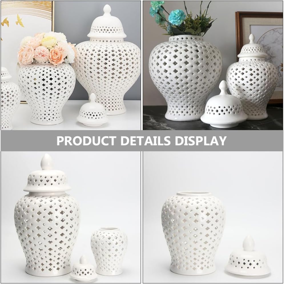 Ginger Jar Traditional Pierced Ginger Jar with Lid Ceramic Flower Vase Carved Lattice Decorative Temple Jar White