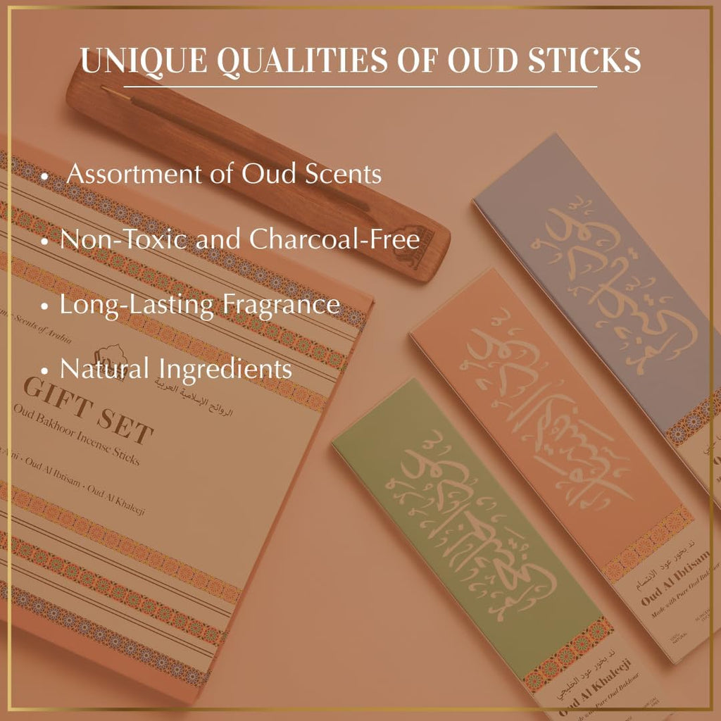 Arabian Oud Incense Sticks Gift Set|90 bakhoor Sticks & Holder - Set of 3