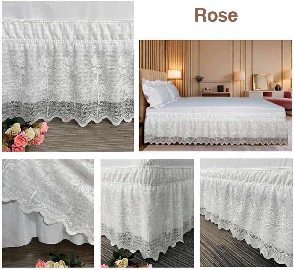 Elastic Double Lace Bed Skirt for Queen Bed - 15 Inch Drop, No Bed Surface, 3-Sided Wrap Around Dust Ruffle (Rose)