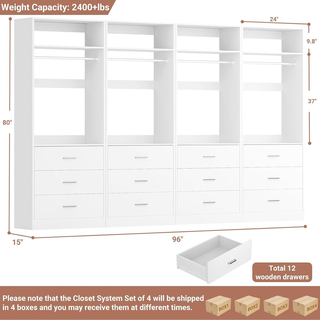 8FT Closet Systems with 12 Wood Drawers, Closet System Set of 4 | 96" Closet Organizer System with 4 Hanging Rods & 4