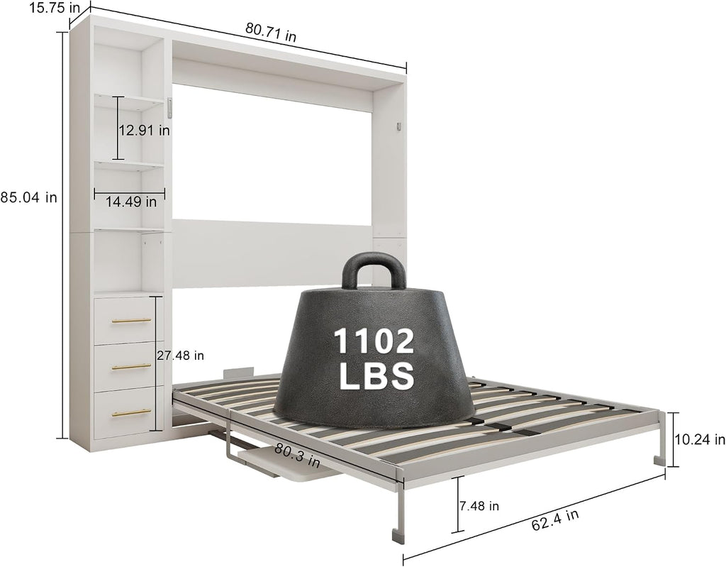 Queen Murphy Bed with Desk and Side Storage, Foldable Wall Bed with Drawers and Shelves, Space-Saving Cabinet Bed for