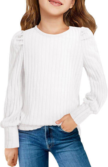 Girls Puff Long Sleeve Shirts Kids Ribbed Knit Tops