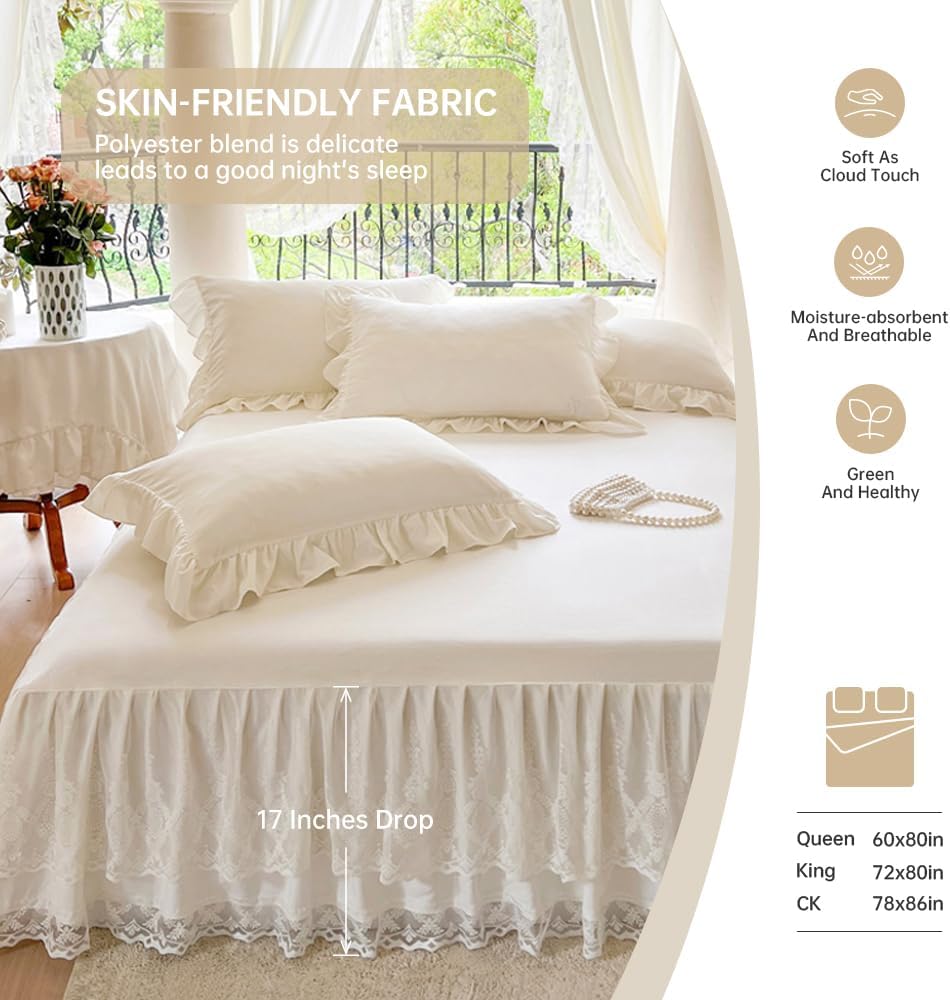 Floral Stereo Lace Bed Skirt for King Bed - 17in. Drop, Dust Ruffle Bedskirt Anti Wrinkle & Fade Resistant