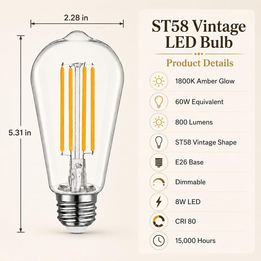 ST58 LED Edison Bulb 1800K Amber Warm Dimmable, circadian Light Bulb,Blue Light Blocking Sleep Light, 8W 60W