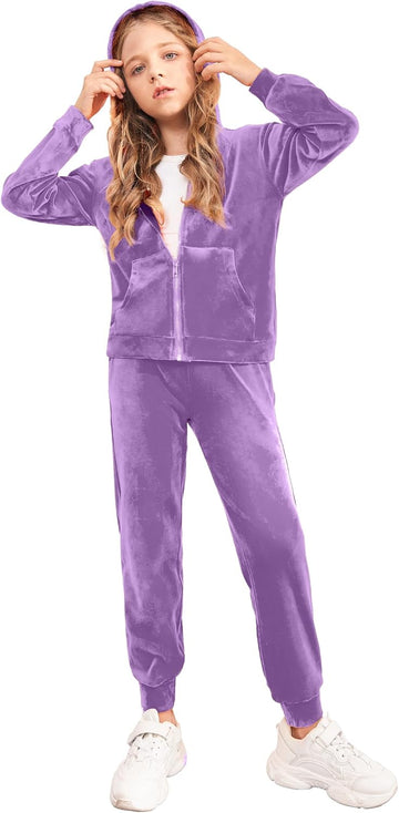 2 Piece Outfits for Girls Kids Velour Tracksuit and Jogger Set