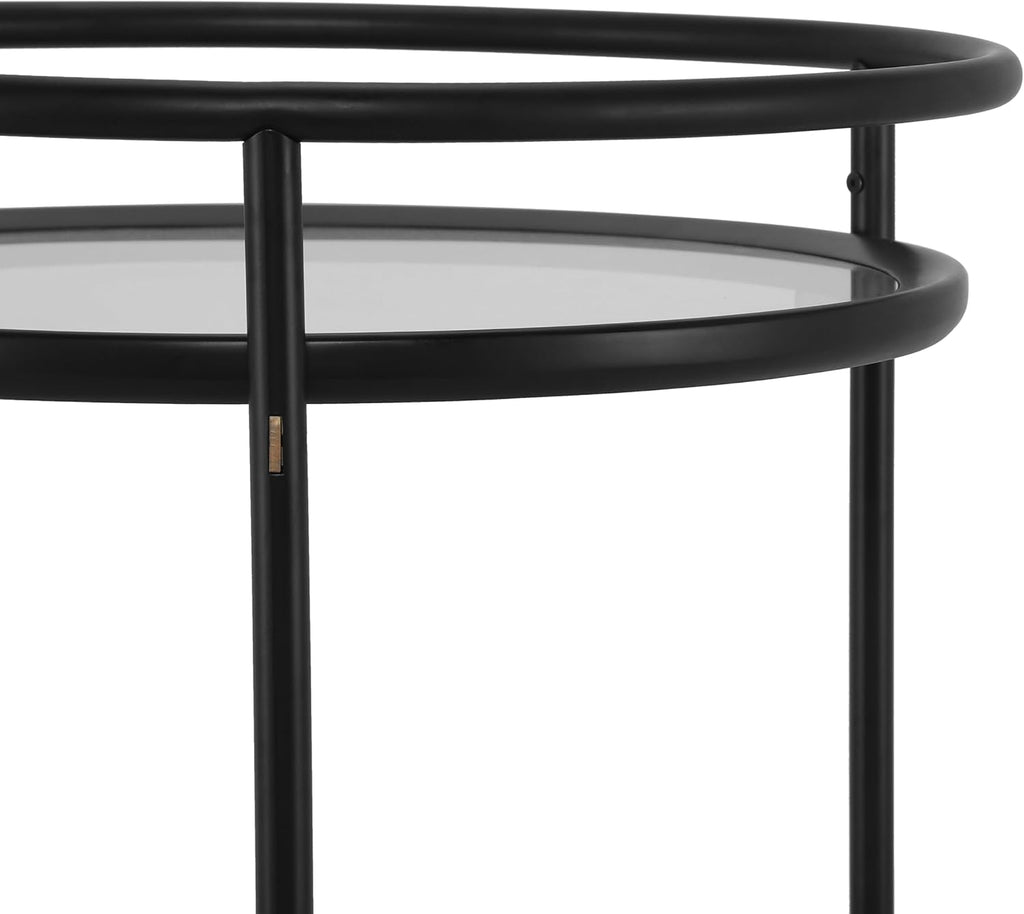 Modern Round Bar Cart with Dual Tempered Glass Shelves, Lockable Wheels and Gold Metal Accents, Rolling Beverage