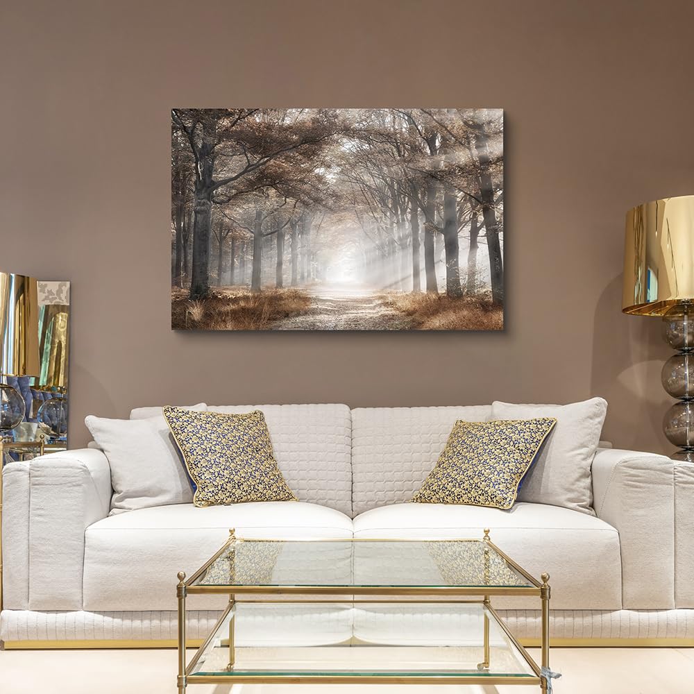 Autumn Forest Picture Wall Art: Large Tree Canvas Prints Morning Sunshine Painting Nature Orange Fall Landscape