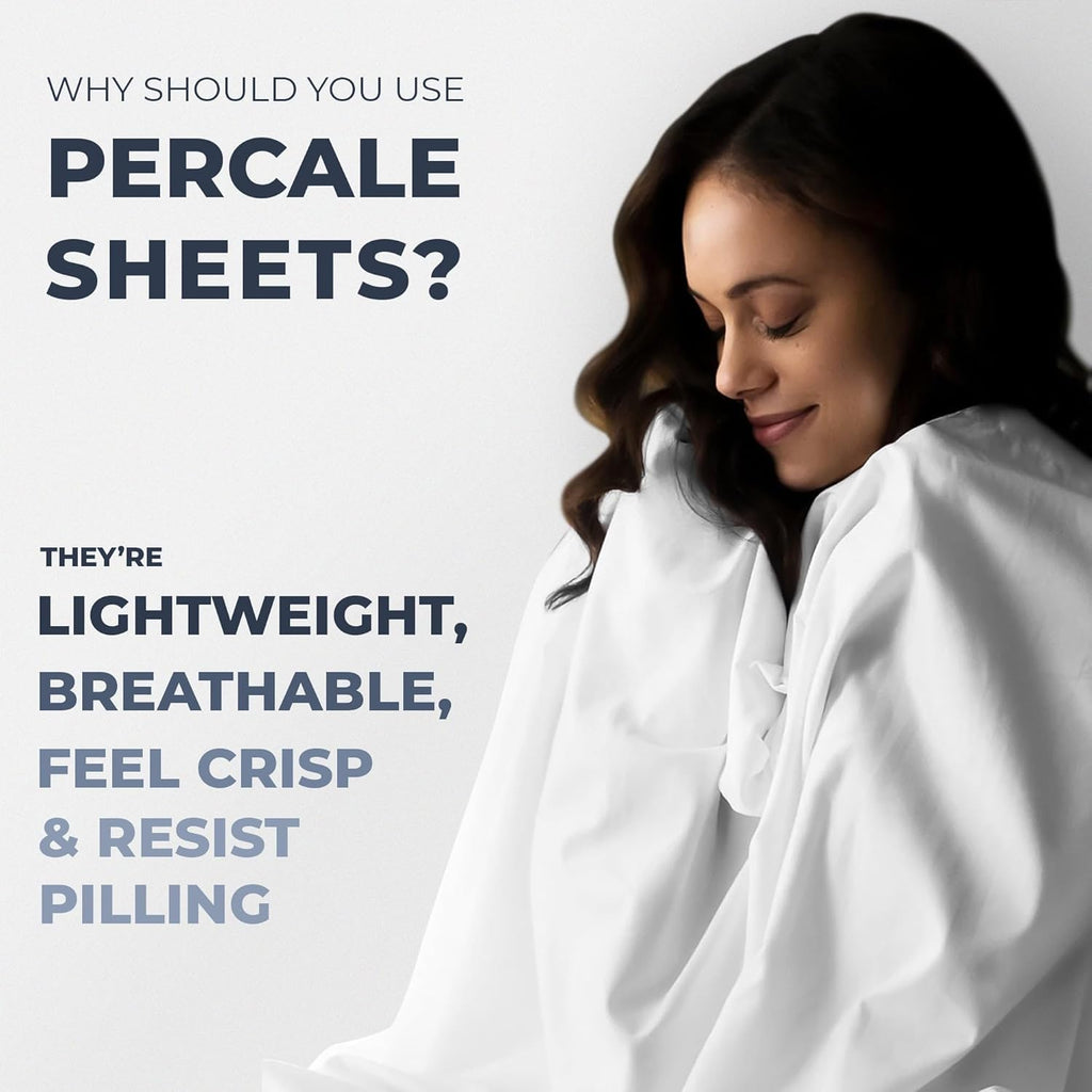 100% Cotton Percale Sheets Queen Size, Cool & Crisp, 4 Pcs, White