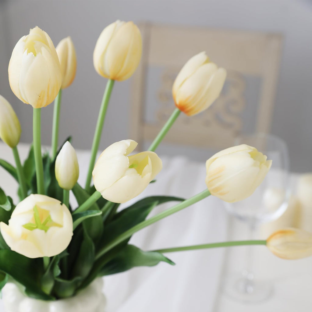 15 Pcs Off White Artificial Tulips Fake Flowers, Premium Latex Lifelike Texture, UV Resistant Waterproof Faux Tulip