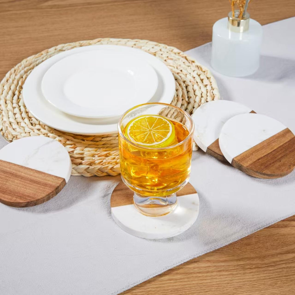 Coasters for Drinks,Marble-Wood Spliced Coaster for Tabletop Protection,Cup Holder Coasters for Multiple Cup - Set of 4