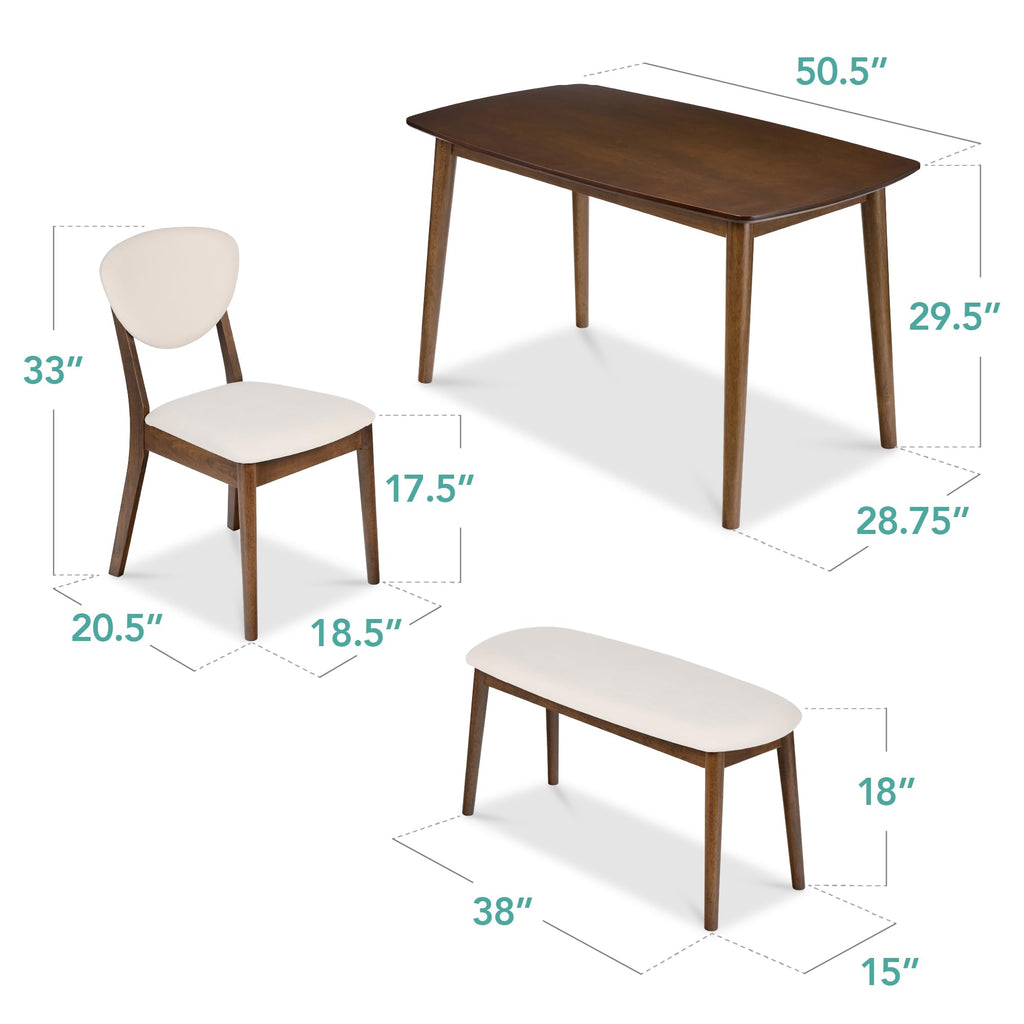 4-Piece Mid-Century Modern Wood Dining Kitchen Table & Chair Set w/ 2 Upholstered Chairs, Bench Seat - Walnut/Cream
