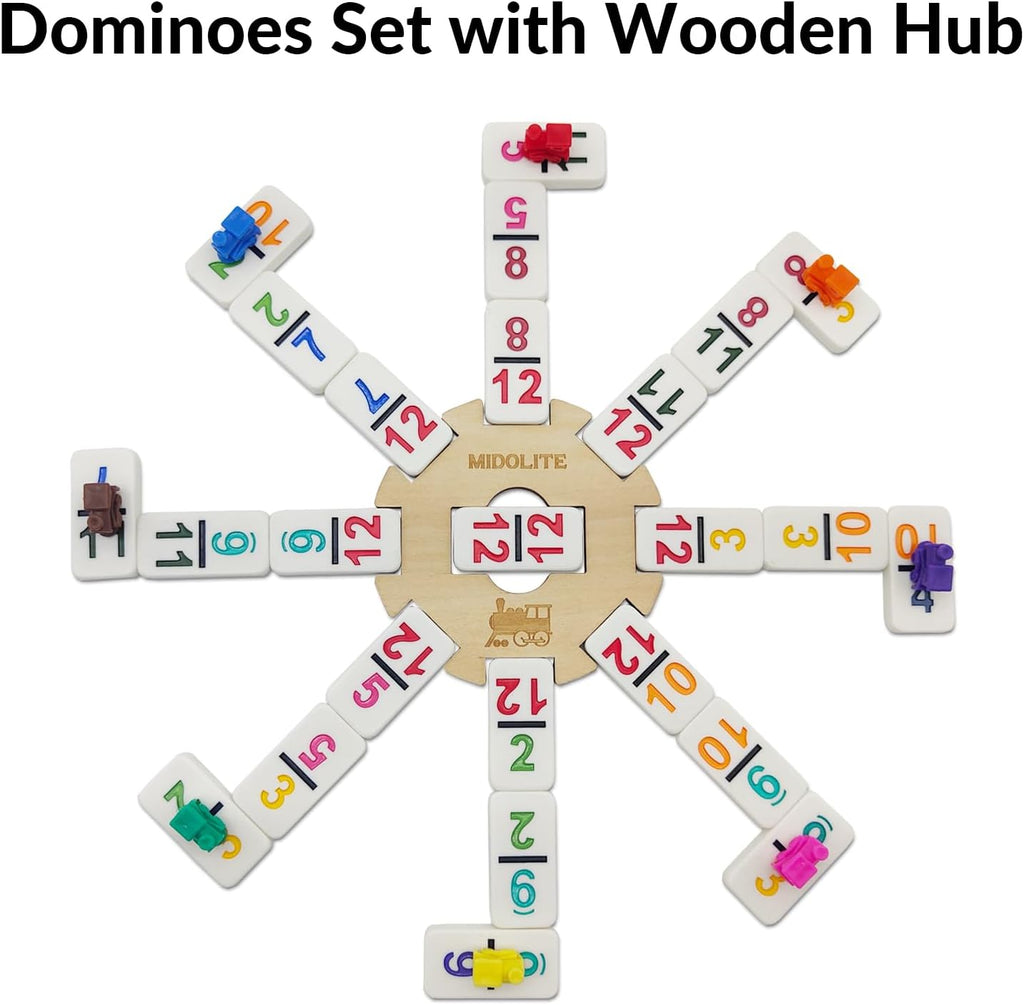 Mexican Train Dominoes Set with Numbers and 8 Wooden Racks, Double 12 Domino Travel Set with Wooden Hub, 91 Colored
