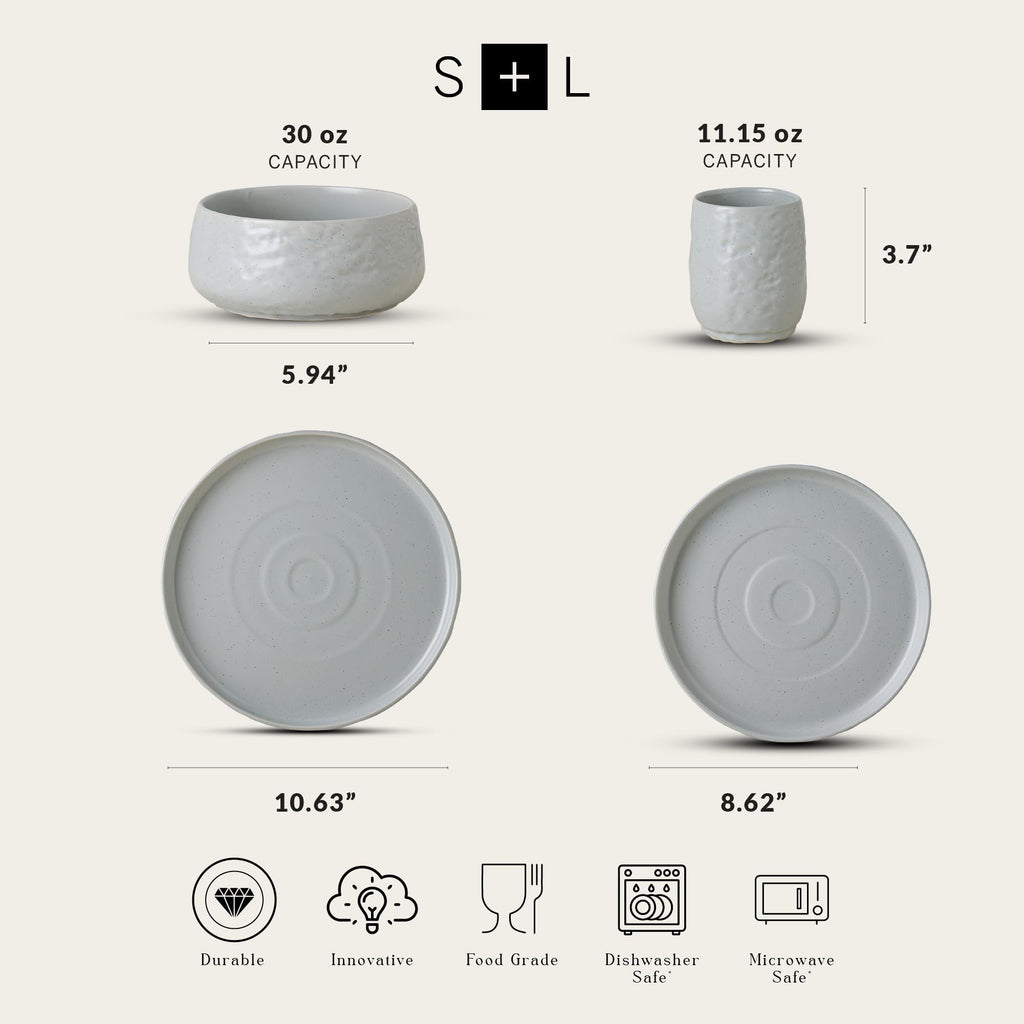 32-Piece Stoneware Dinnerware Set, Plates and Bowls Set, Modern Dishware set fo 8, Grey Speckled