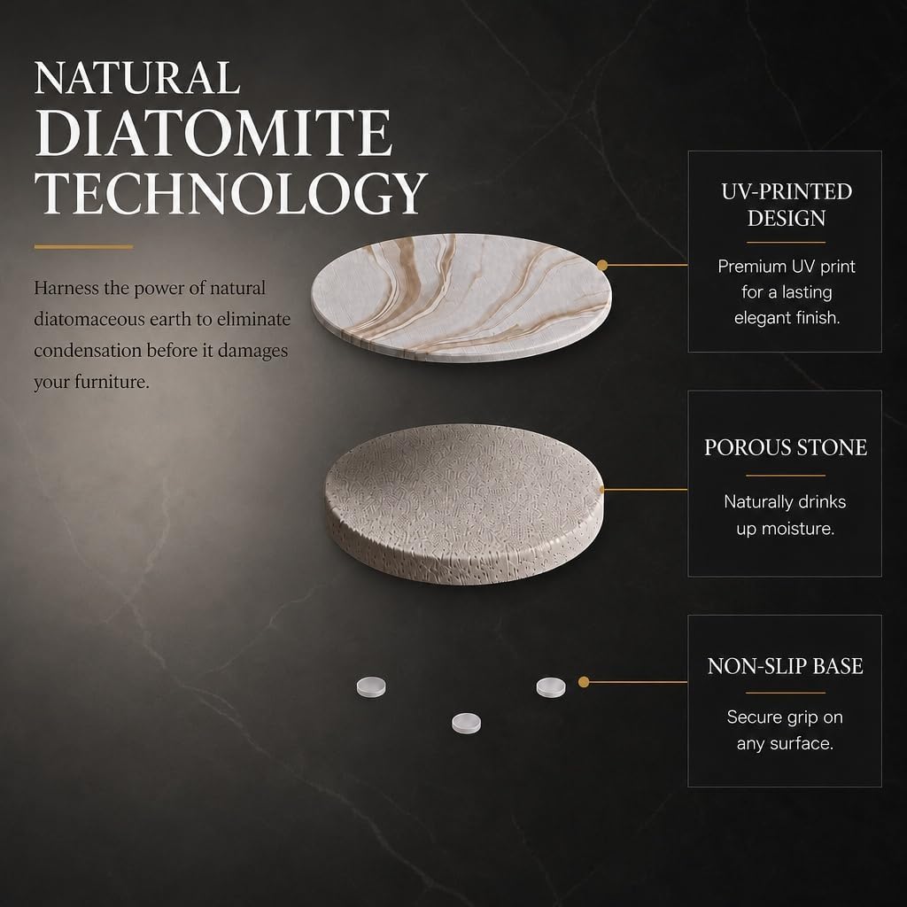 Absorbent Stone Coasters with Holder - Diatomite Drink Coasters for Cups & Table Protection, Modern Coffee - Set of 6