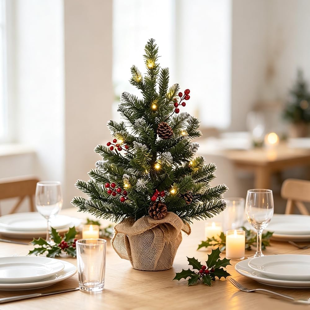 2 FT Mini Christmas Tree, 24" PE Prelit Small Artificial Tabletop Snow Flocked Christmas Trees Decor with 20 Lights