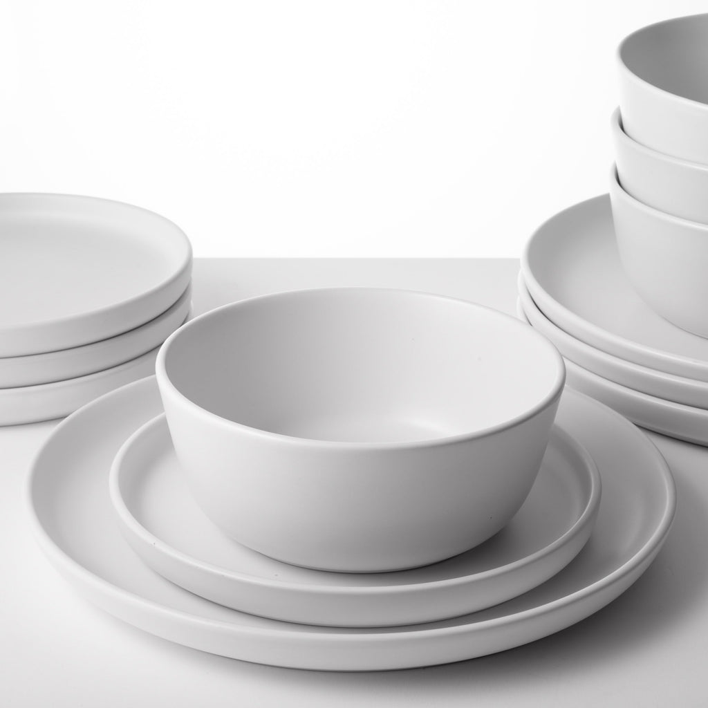 White Dinnerware Set, Stoneware Plates and Bowls, Dish Set for 4