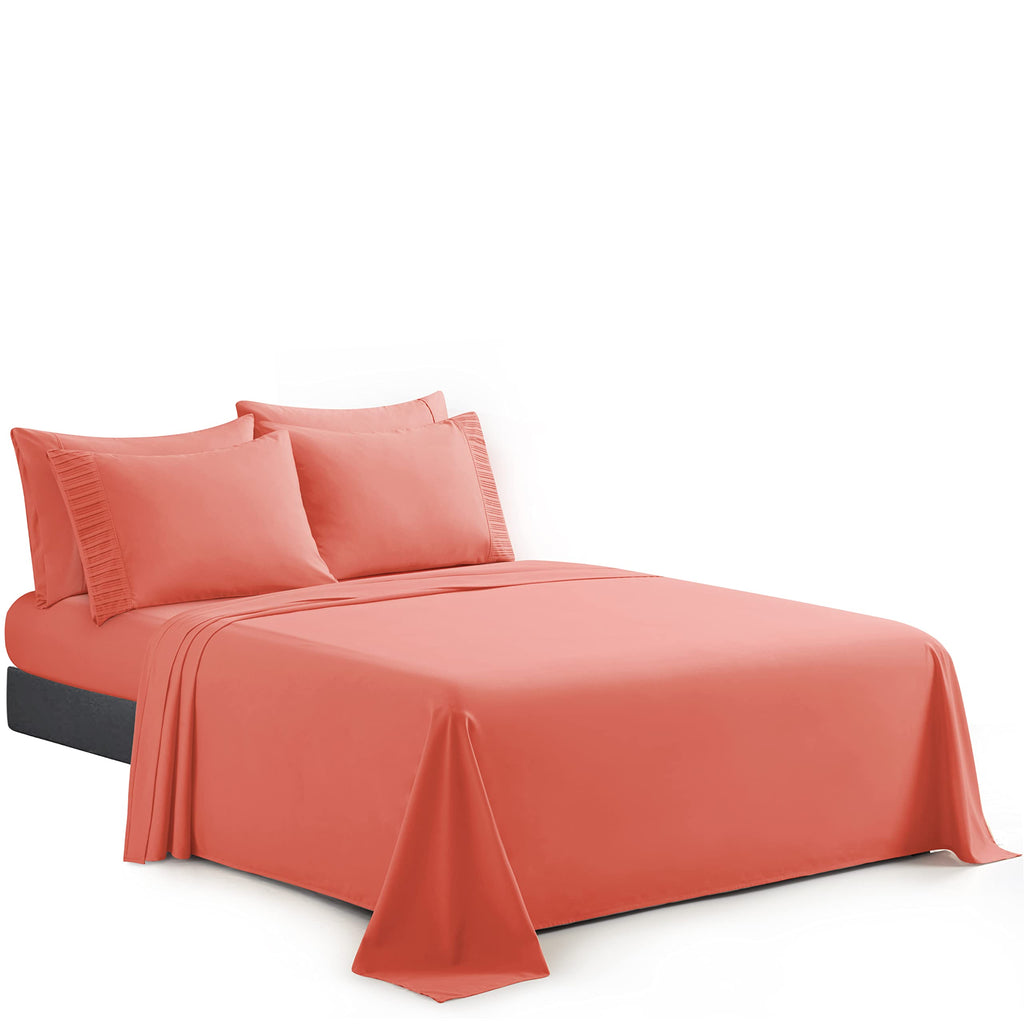 Ultra Soft Silky Deep Pocket Solid Rayon from Bamboo All Season 6 Pieces Sheet Set with 4 Pillowcases, Coral Color