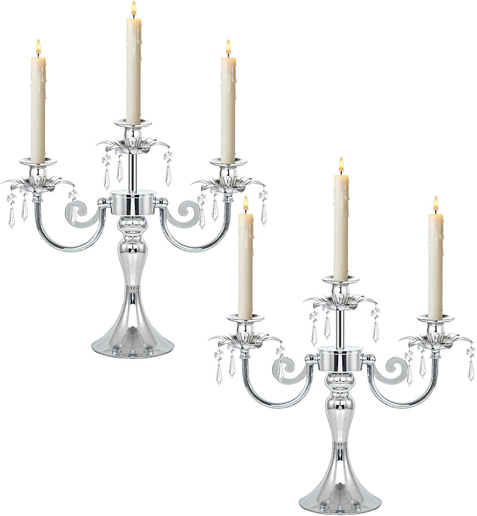 Metal 3 Arm Candelabra with Crystal Pendants - 11.8 Inch Tall Candle Holders, Set of 2 - Elegant Taper Candlestick