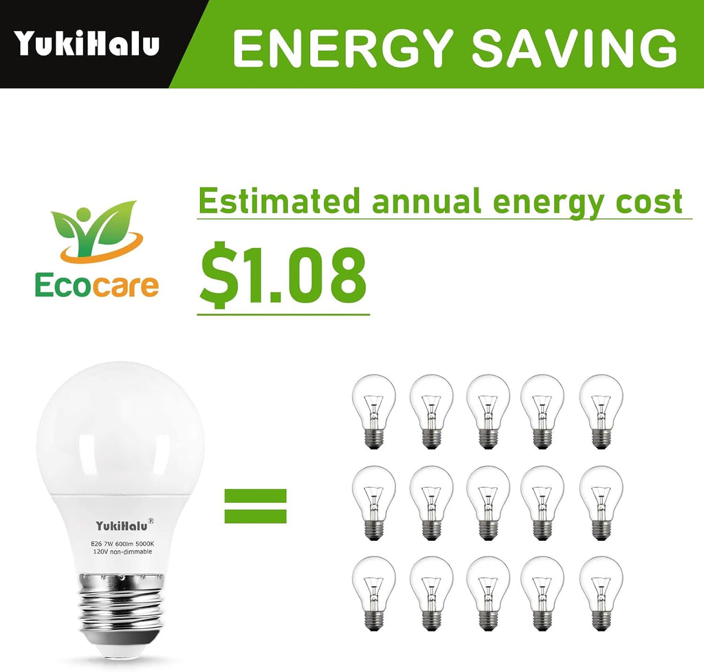 A15 LED Light Bulbs, 60W Equivalent, E26 Base, 5000K Daylight White, 7W 600 Lumens 120V, Ceiling Fan Light Bulbs