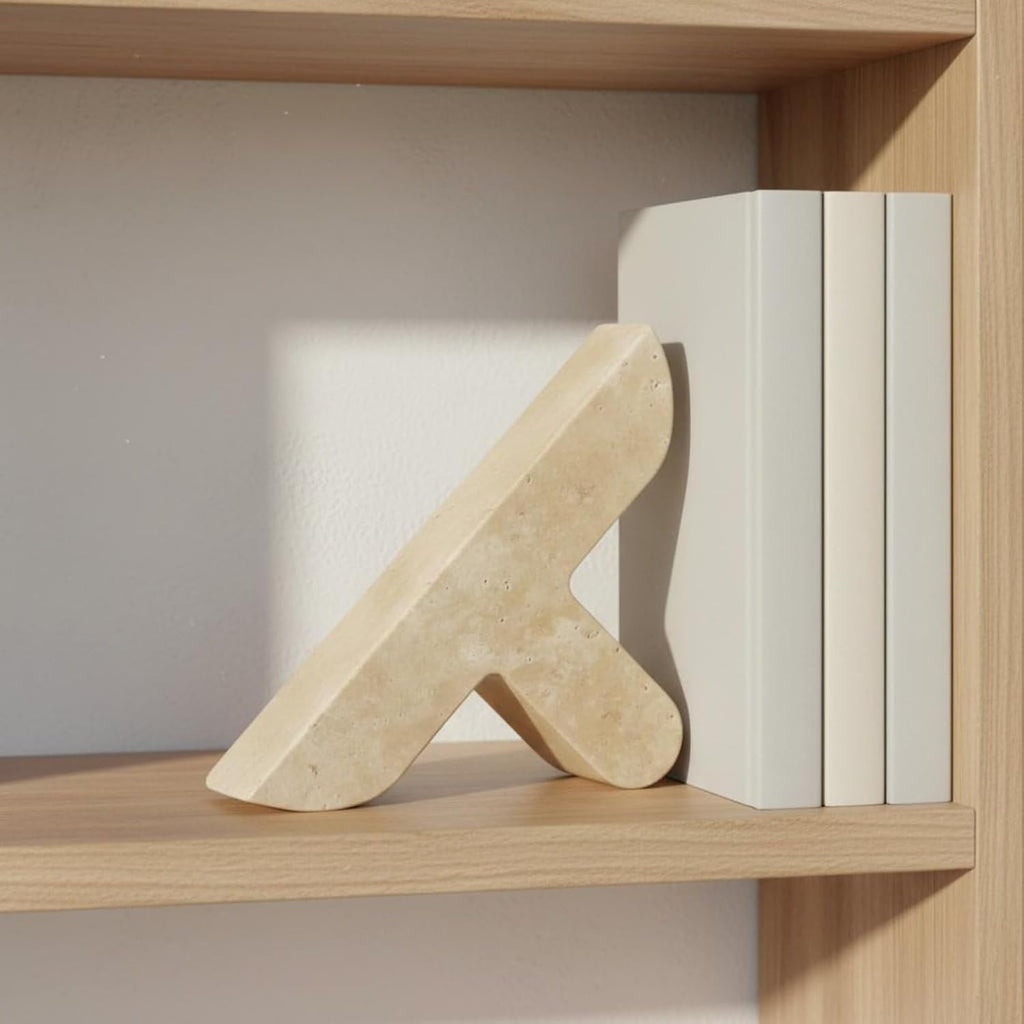 Stone Bookend Travertine Herringbone Minimalist with Natural Texture Keeps Books Upright Adds Calm Sculptural