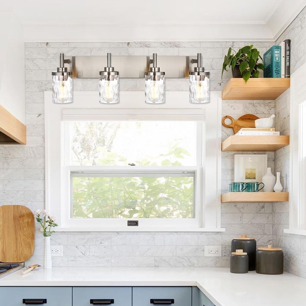 Bathroom Vanity Lighting Fixtures 4 Lights,Brushed Nickel Bathroom Vanity Lights with Clear Hammered Shade Wall