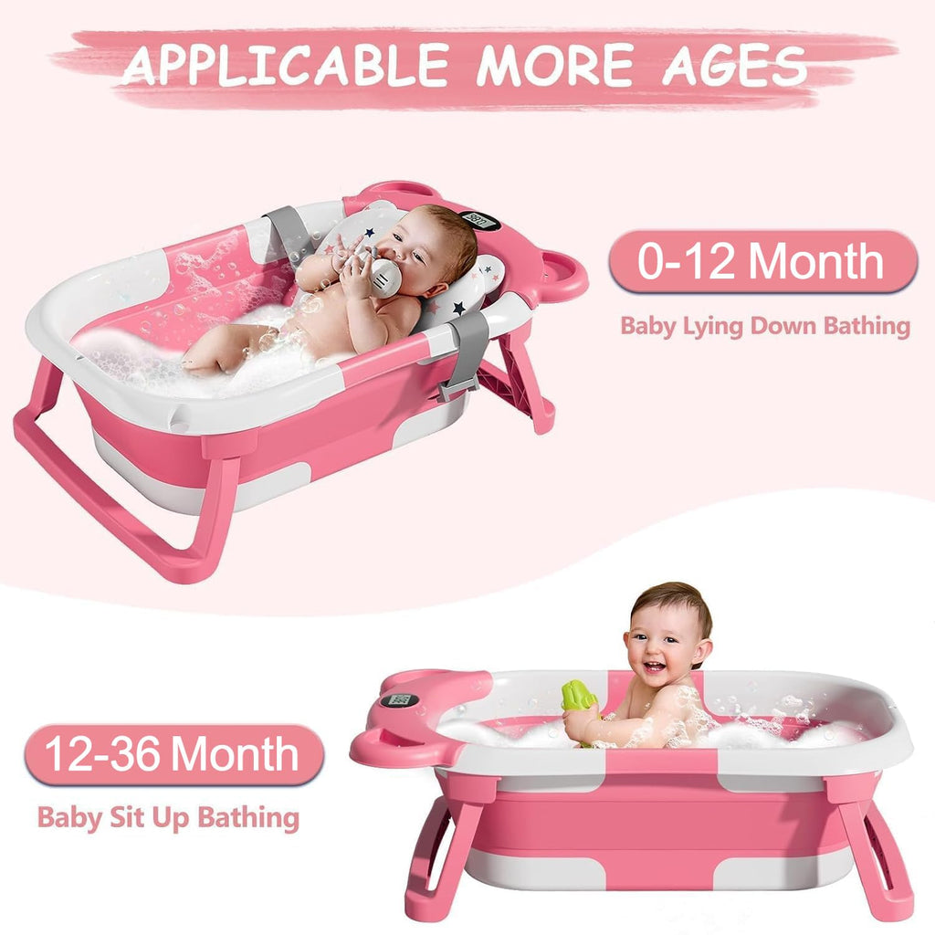 Collapsible Baby Bathtub, Baby Bath Tub with Soft Cushion & Real-Time Thermometer, Baby Bathtub Infant to Toddler Tub