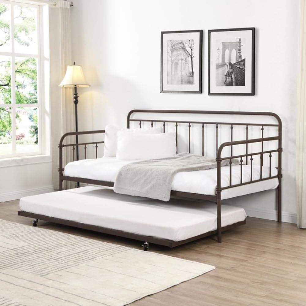 Classic Farmhouse Wrought Iron Metal Daybed with Free Standing Trundle