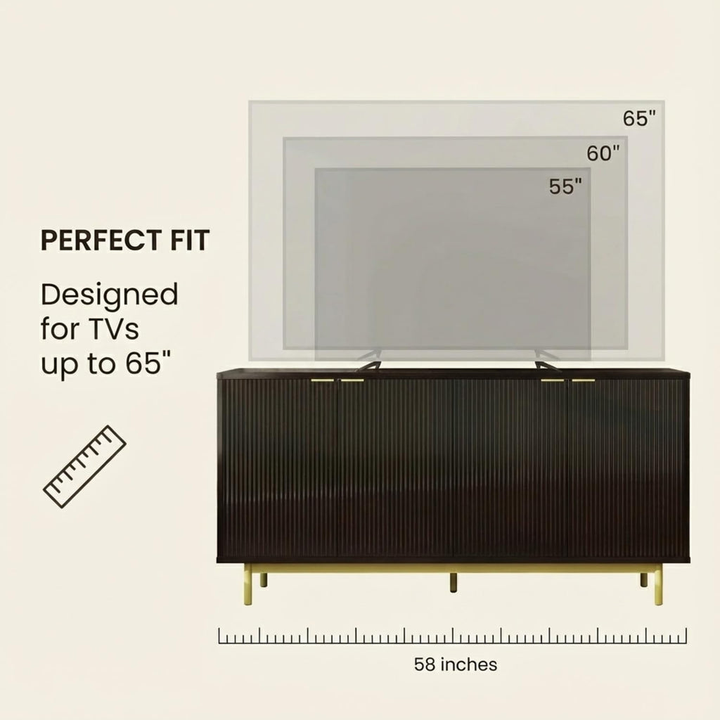 58 Inch Black TV Stand for 65 Inch TV, Modern Fluted Media Console Table with 4 Doors, Large Entertainment Center