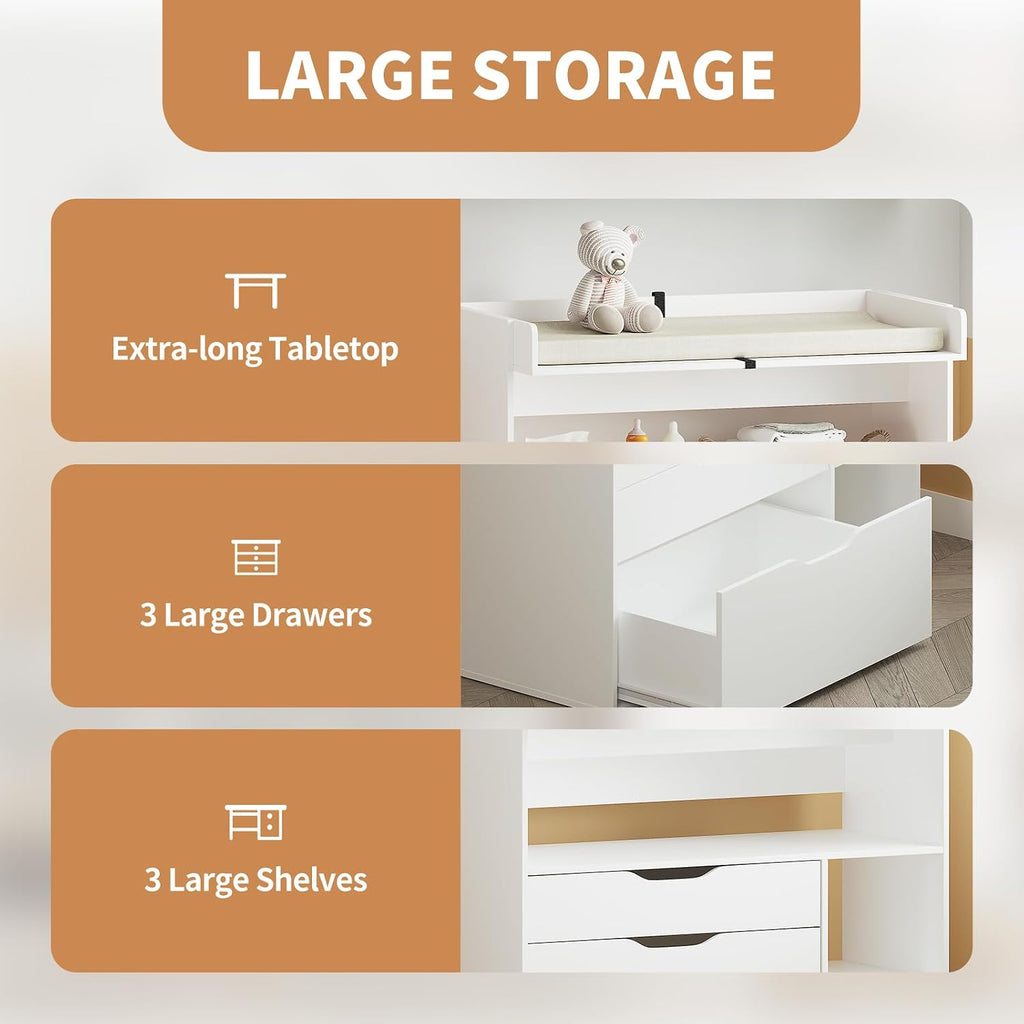 Baby Changing Table Dresser with 3 Drawers and 3 Storage Shelves, Can be Used as a Baby Dresser with Changing Table