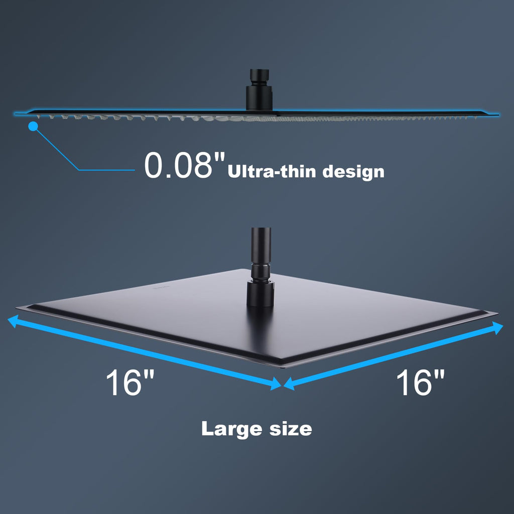 Shower Head,16 Inch Ultra Thin High Pressure Fixed Rain Showerhead Matte Black with Silicone Nozzle - Adjustable