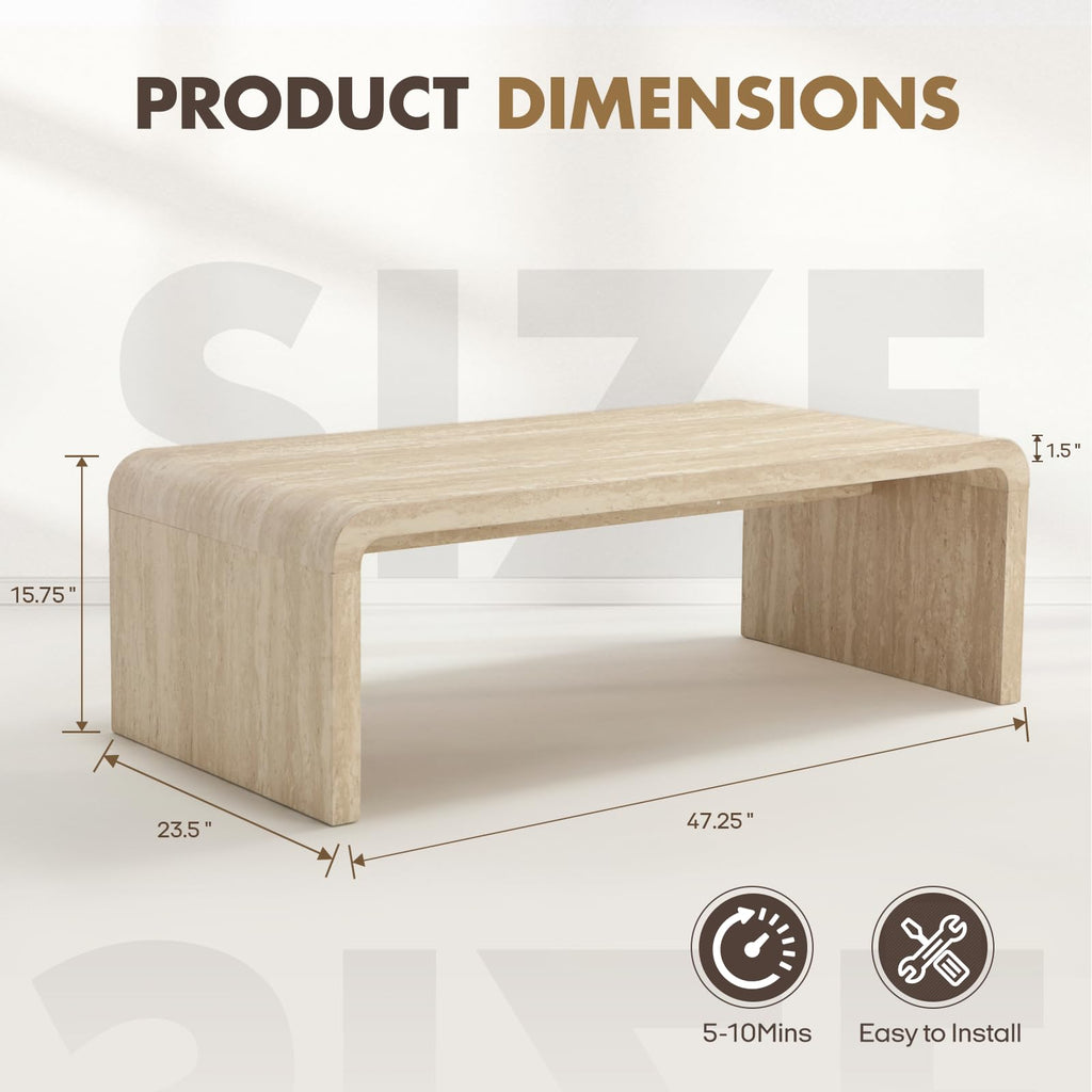 47" Travertine Look Coffee Table, Thick Waterfall Edge Wood