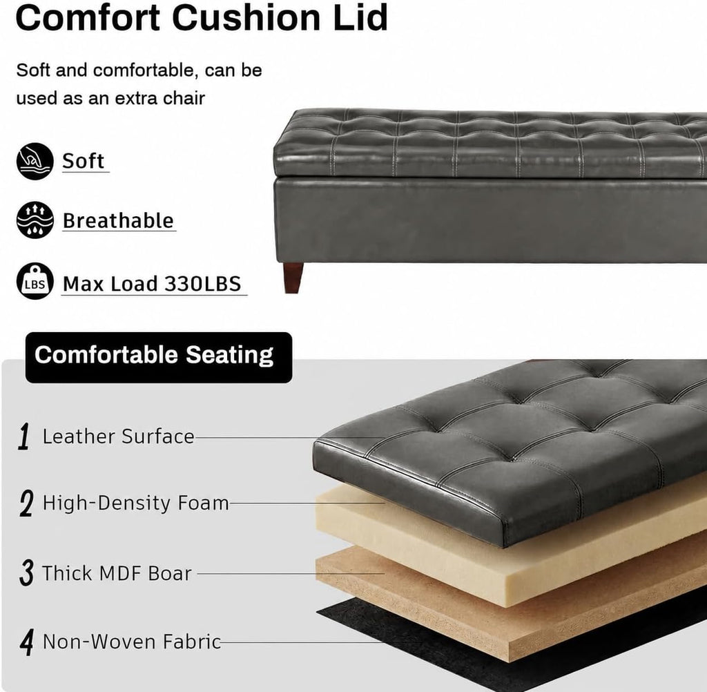 Ottoman with Storage 51" Faux Leather Storage Ottoman Bench | Upholstered Ottomans with Hinged Lid, Rectangle Long