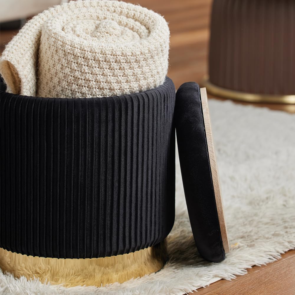 Round Ottoman with Storage Set of 2 Black Velvet Vanity Stool | Upholstered,Small Ottoman Coffee Table,Removable