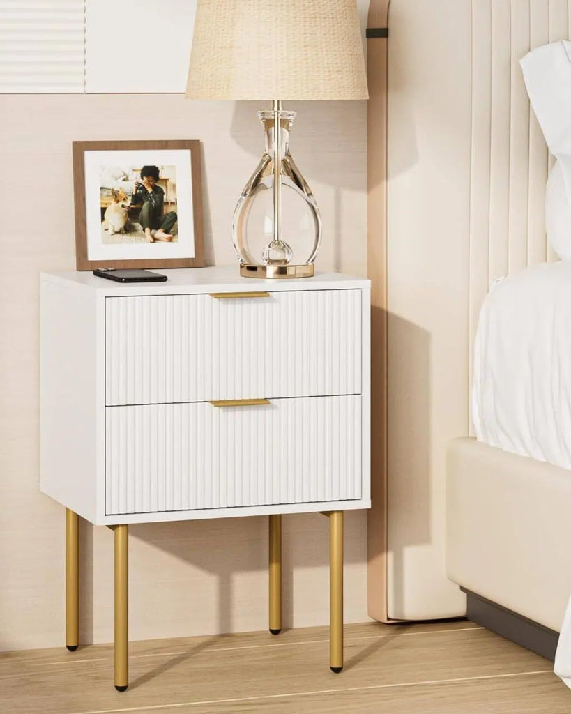 Nightstand, Morden Bedside Table with Gold Frame, Small White Night Stand, End Table, Bedside Furniture, Side Table with