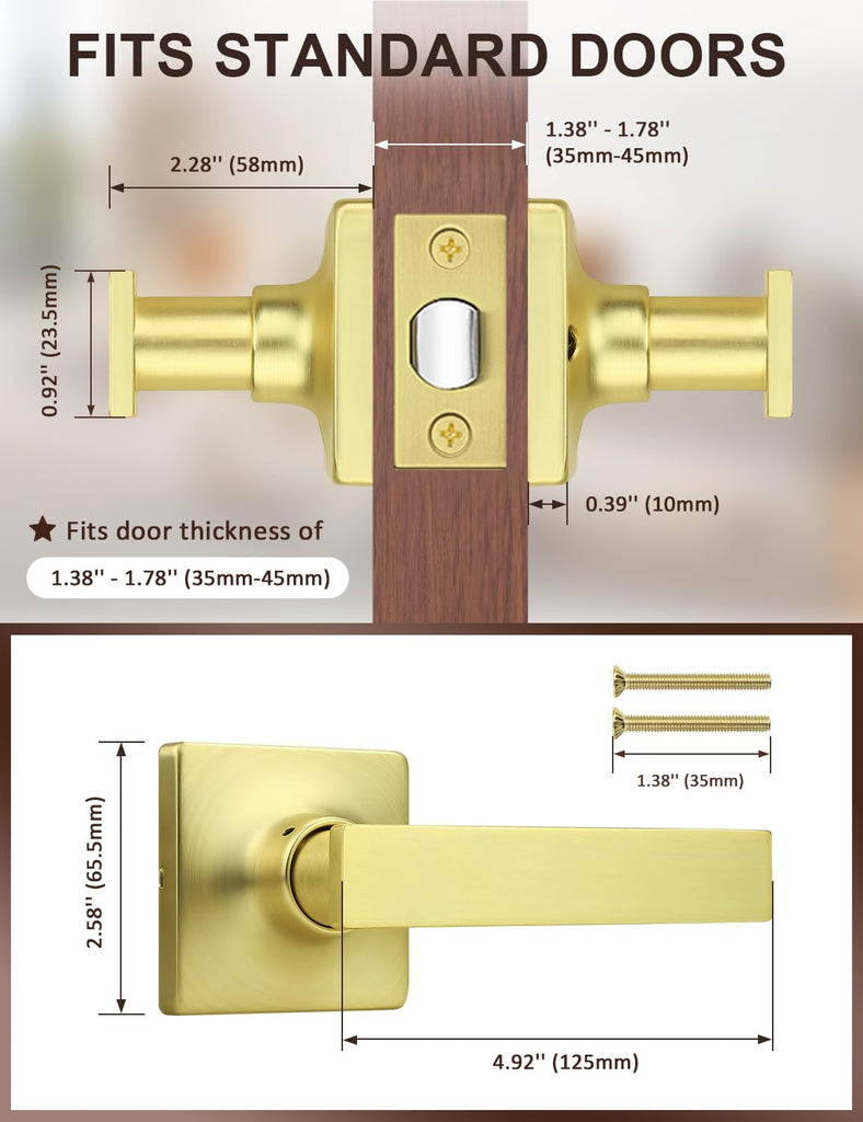 10 Pack Passage Door Levers Gold Finish, No-Locking Keyless Square Door Knob, Interior Door Handles for Closet and