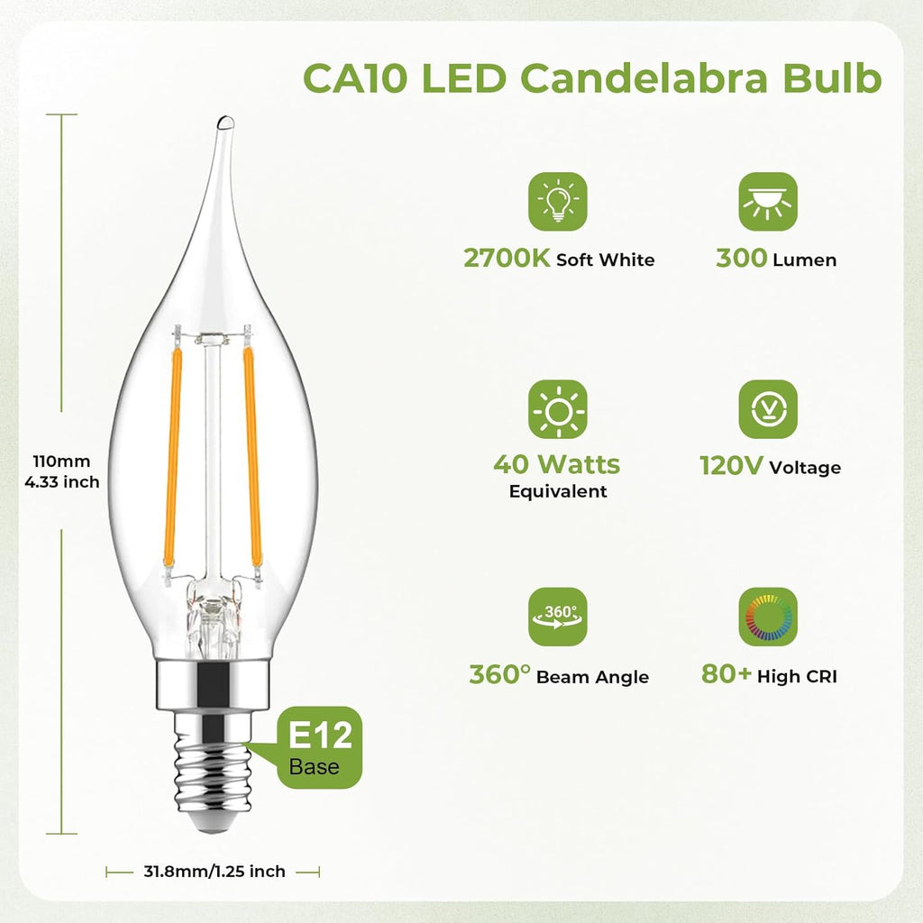 E12 Candelabra Bulb 40 Watt Equivalent, LED Chandelier Light Bulbs Dimmable 2700K Soft White, CA10 Candle Shape E12