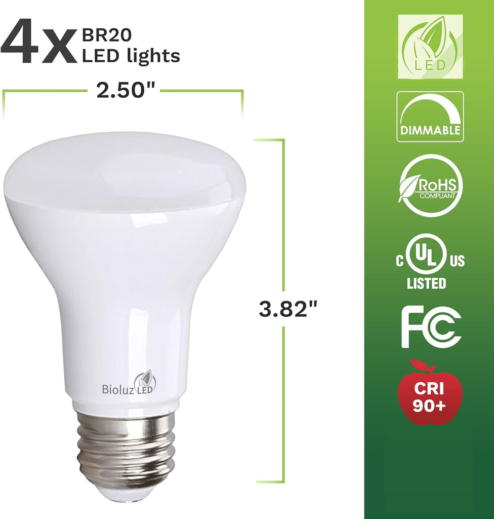 4 Pack BR20 LED Bulb 2700K Bright Warm White 6W=50W, 90 CRI, 540 Lumen, Dimmable LED Light Bulbs, Cool White Light