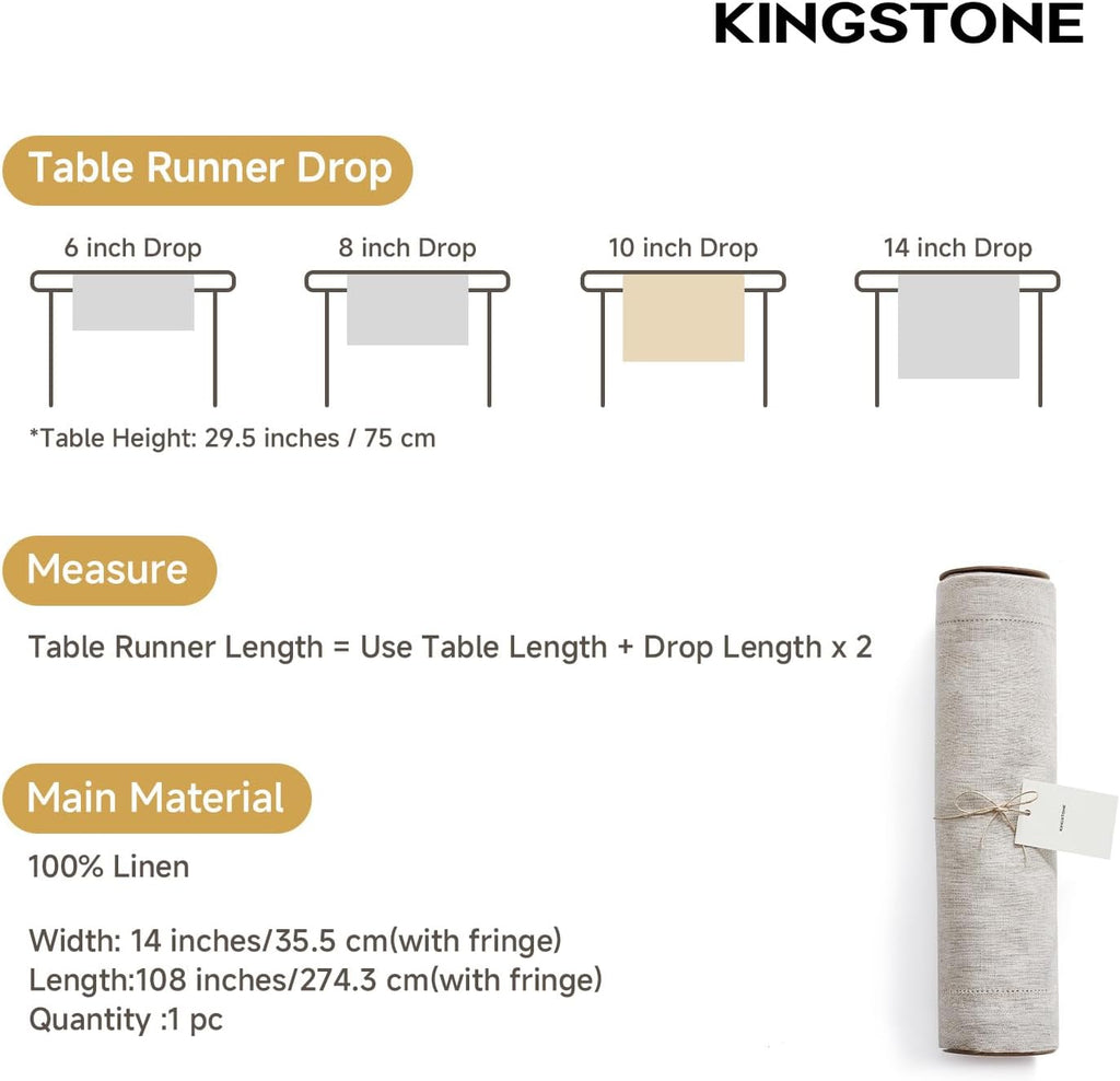 100% Pure French Linen Table Runner 108 Inches Long, Natural Hemstitch Tablecloth with Mitered Corners, Crease-Free
