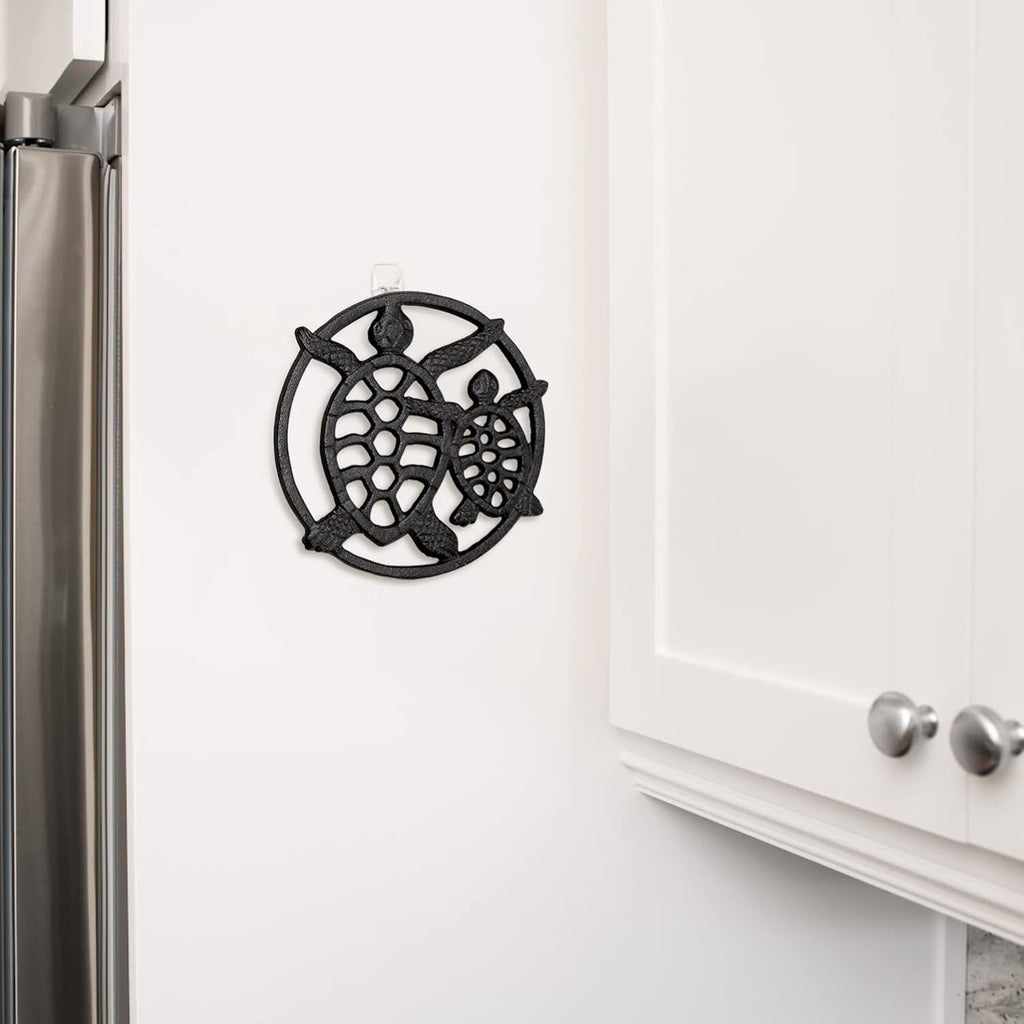 Cast Iron Trivet for Hot Dishes, Pots, and Pans, Metal Trivet, 2 Turtle Design, Rubber Feet Caps, Ring Hanger, 8.75