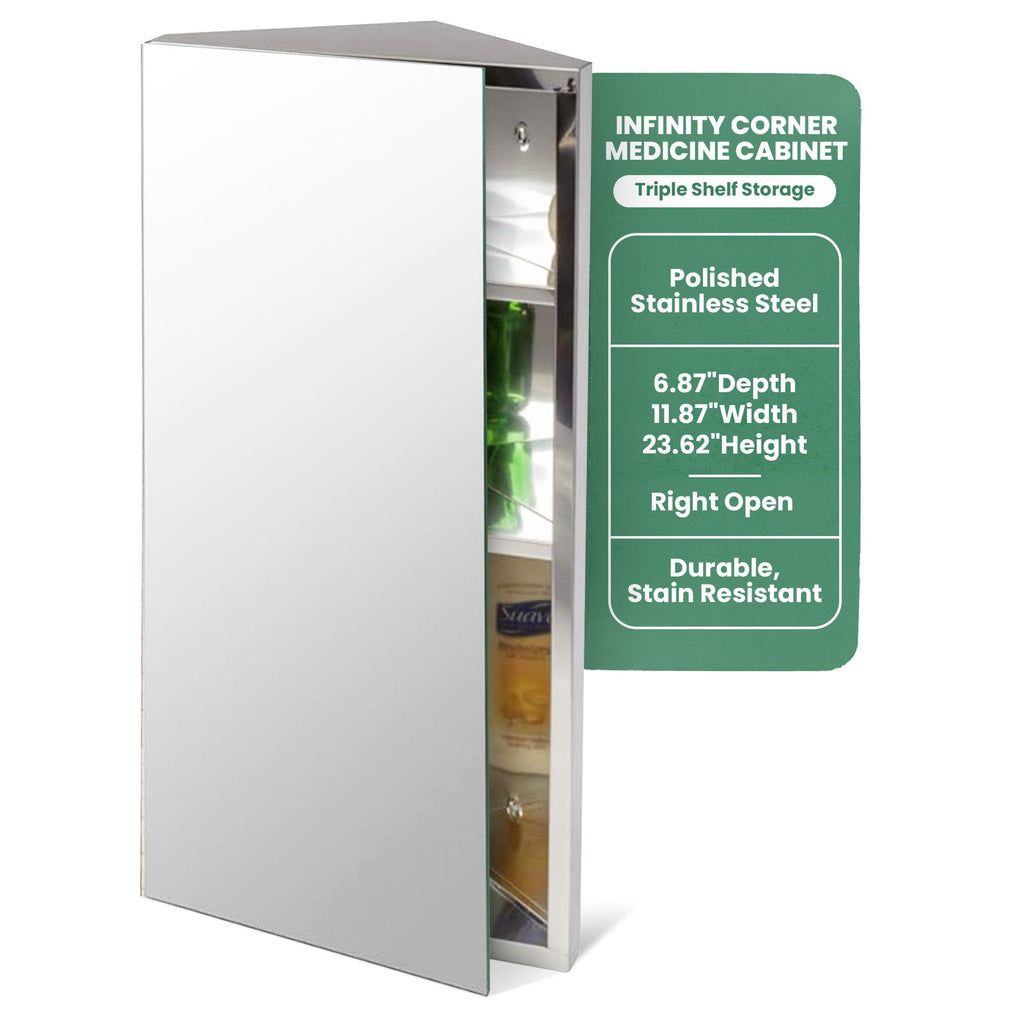 Supply Infinity Corner Wall Mount Medicine Cabinet with Mirror Polished Stainless Steel Bathroom Storage 23.6 x 11.8