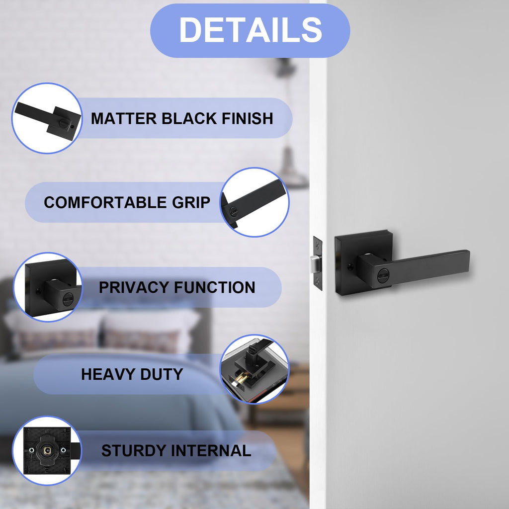 Privacy Door Levers, 5 Pack Matte Black Door Handles, Bed and Bath Door Locksets Heavy Duty Keyless Interior Handles