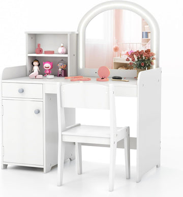 Kids Vanity Table and Chair Set with LED Lighted Mirror (White)